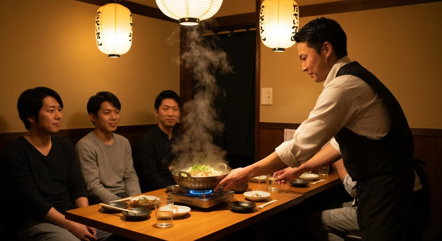 湯気の立つ鍋料理をテーブルへ運ぶスタッフの手元