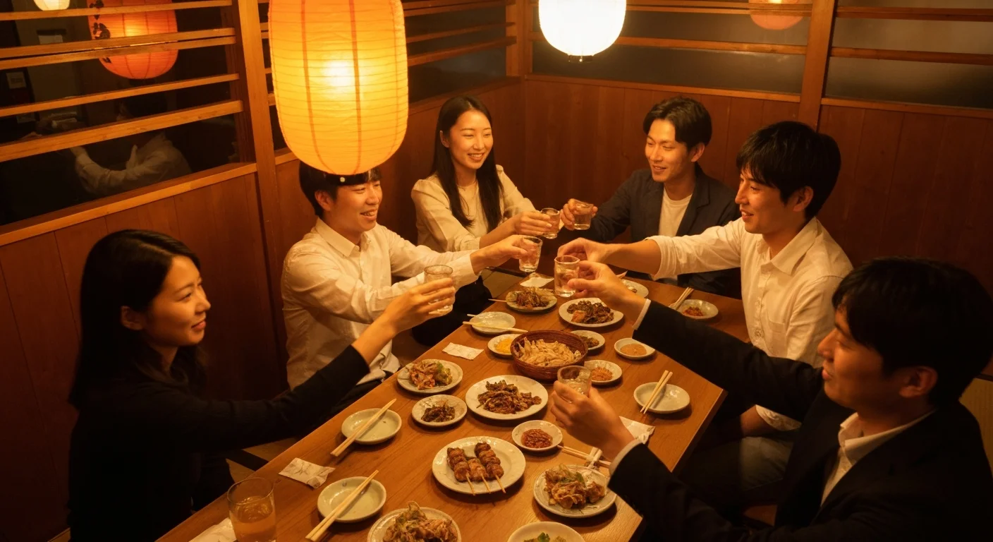 個室のテーブルを囲んで食事を楽しむ宴会の様子